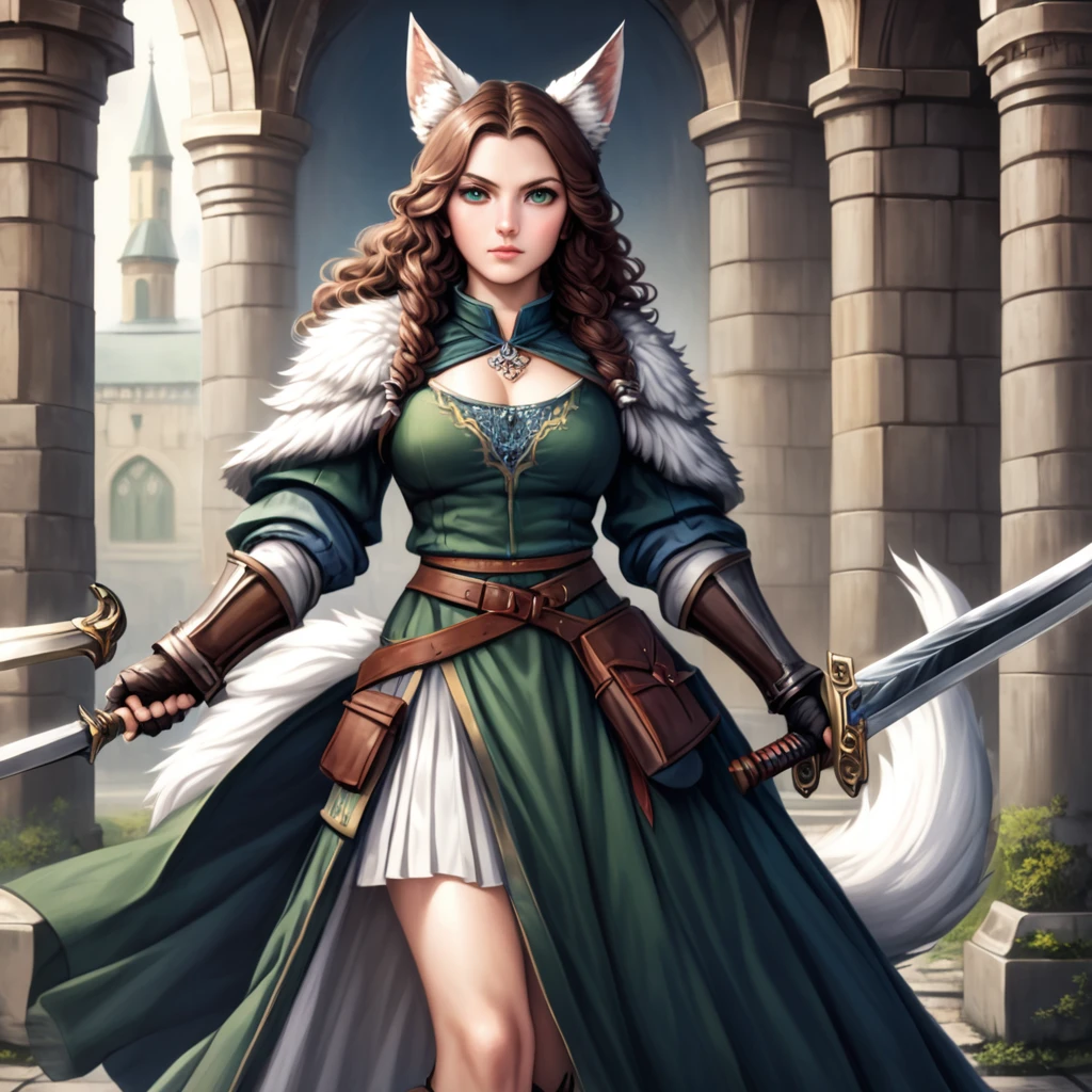 Woman with large brown hair, greenish eyes, white wolf ears and tail, medieval skirt, sword at the side of her waist