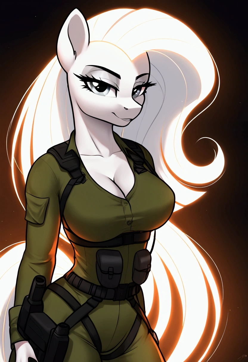 vibrant colors, 8K, high resolution, highly detailed, masterpiece, ((my little pony)), (striped white hair), (pale body), (gray eyes) seductive face, woman's tactical gear, standing, big breasts, beautiful body