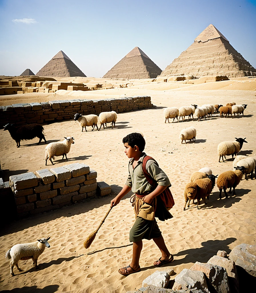 A shepherd looking for treasure. The picture will contain a boy and sheep. I will add the Egyptian pyramids to the background.