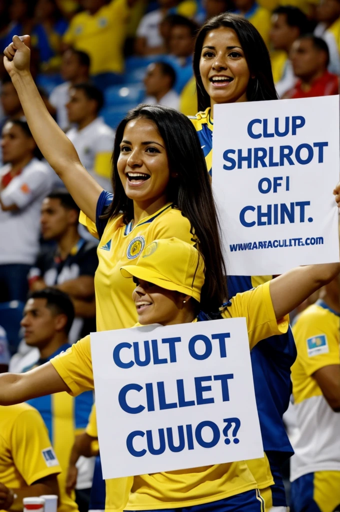 Woman cheering for the Colombian team, with a sign on the back that says "cut it"