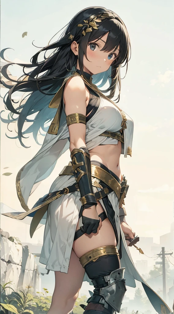 greek warriors womans in togas , only girls , forest in the background , light armor , elbow pads, knee pads, shoulder pads, black armor , sandals , sexy, exposed belly, muscular girl, defined abdomen,stomach, multiple girls, looking at viewer , long hair, bare shoulders, outdoors, sandals
