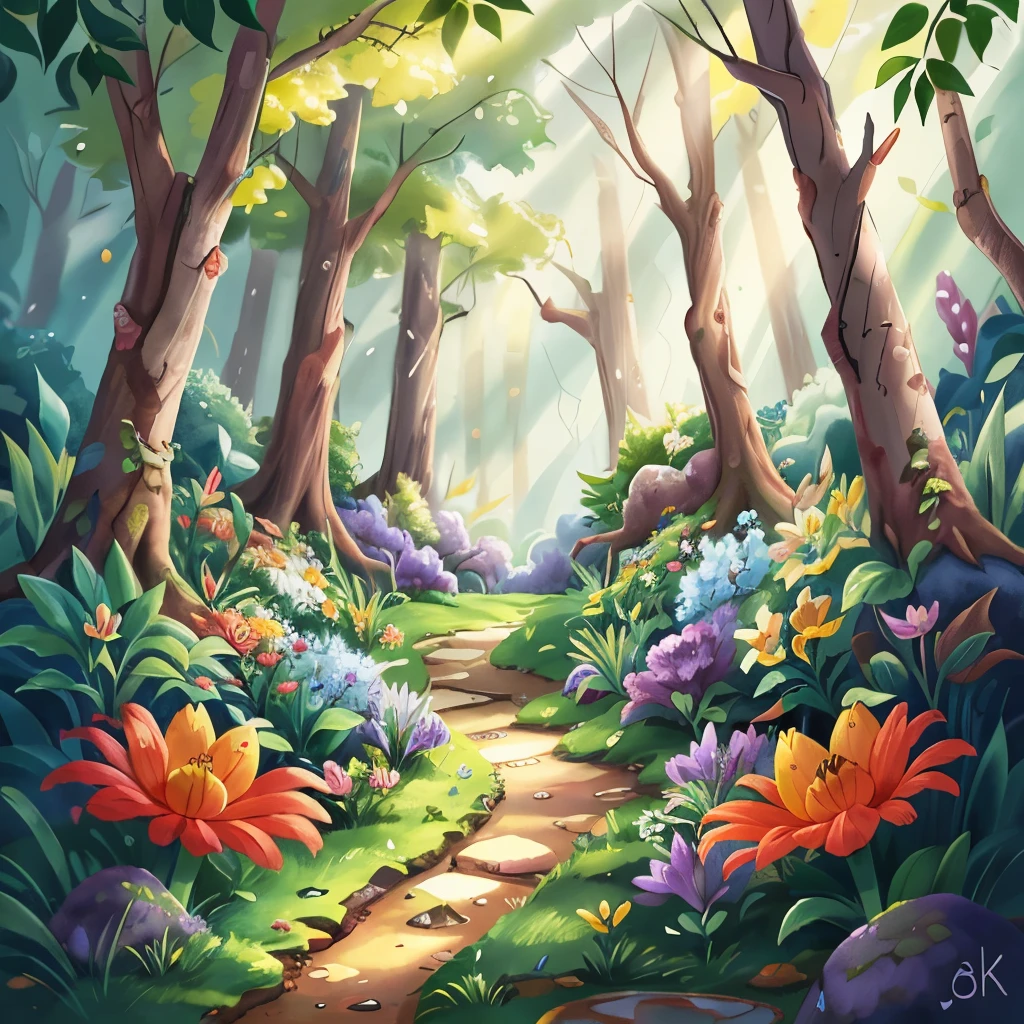 Flower Garden, clearing in a forest, aquarelle, landscape, Perfect quality, (Masterpiece: 1.2) (Bokeh background) (Best quality) (Detailed skin: 1.3) (Intricate details) (8K) (Sharp focus), (cheerfulness), BEST lighting