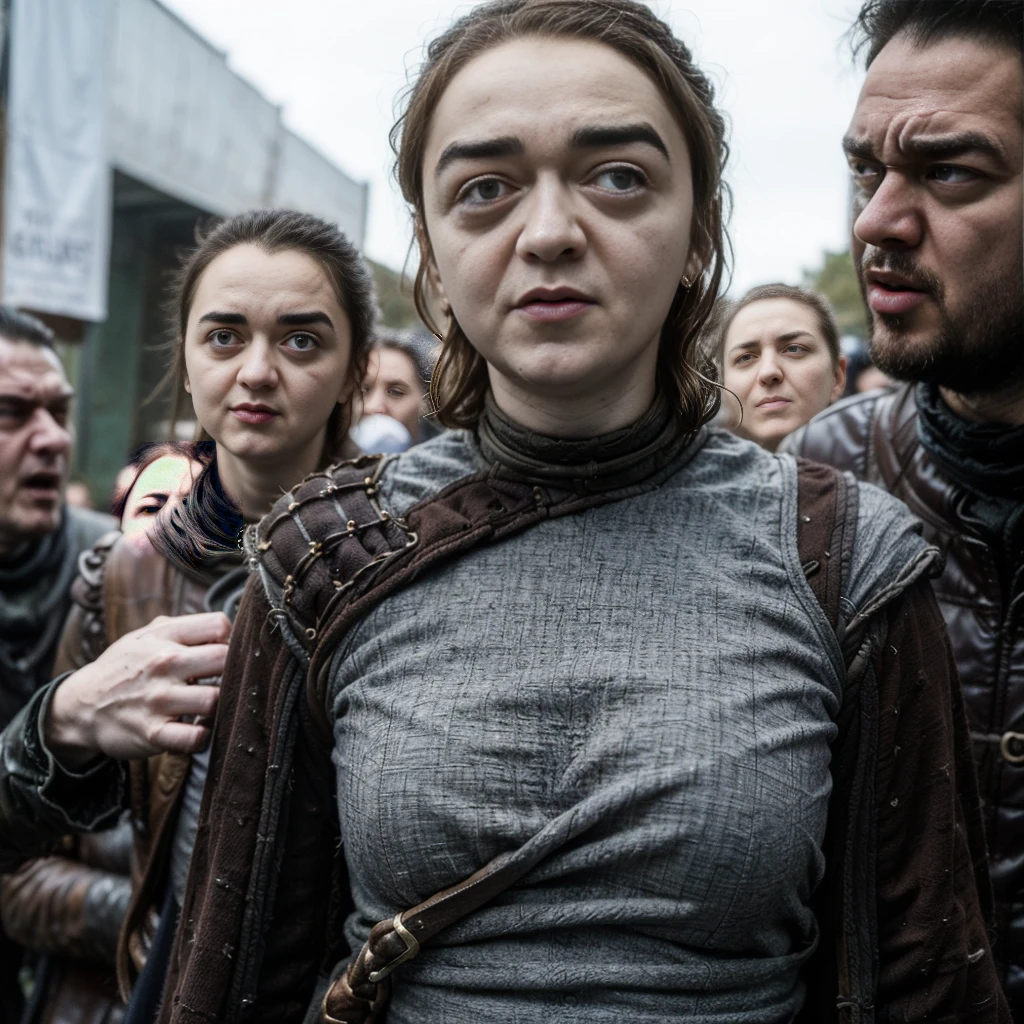 Hyperrealistic close-up photo of Crucified (((mature Maisie Williams))), (((Arya Stark))), Create dystopian masterpieces, scene from the Game of Thrones movie, she is dressed in Game of Thrones style, torn blue top with armor accessories, broken breastplate, on a medieval market square,  beautiful woman, skinny chubby, small breasts, straight brown hair, detailed face, ((fear)), photo taken from a distance, (((restrained and crucified by the crowd:1.2))), (((serious))), (((tears running along her cheeks))), (wood cross), ((big sagging breasts)), ((phat white undies torn and torn up)), ((ample white underpants)), thigh gap, (((dark atmosphere))), ((foggy background)), ((detailed shadows)), ((large muscular thighs)), ((hit and assaulted by angry crowd:1.2)), (((hit in the cheek by a man:1.2))), (((beaten, hit:1.2)))