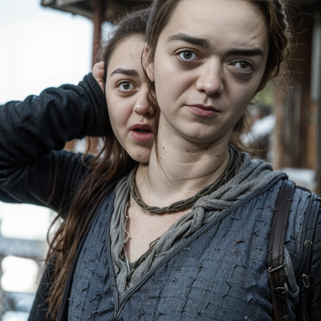 Hyperrealistic close-up photo of Crucified (((mature Maisie Williams))), (((Arya Stark))), Create dystopian masterpieces, scene from the Game of Thrones movie, she is dressed in Game of Thrones style, torn blue top with armor accessories, broken breastplate, on a medieval market square,  beautiful woman, skinny chubby, small breasts, straight brown hair, detailed face, ((fear)), photo taken from a distance, (((restrained and crucified by the crowd:1.2))), (((serious))), (((tears running along her cheeks))), (wood cross), ((big sagging breasts)), ((phat white undies torn and torn up)), ((ample white underpants)), thigh gap, (((dark atmosphere))), ((foggy background)), ((detailed shadows)), ((large muscular thighs)), ((hit and assaulted by angry crowd:1.2)), (((hit in the cheek by a man:1.2))), (((beaten, hit:1.2)))