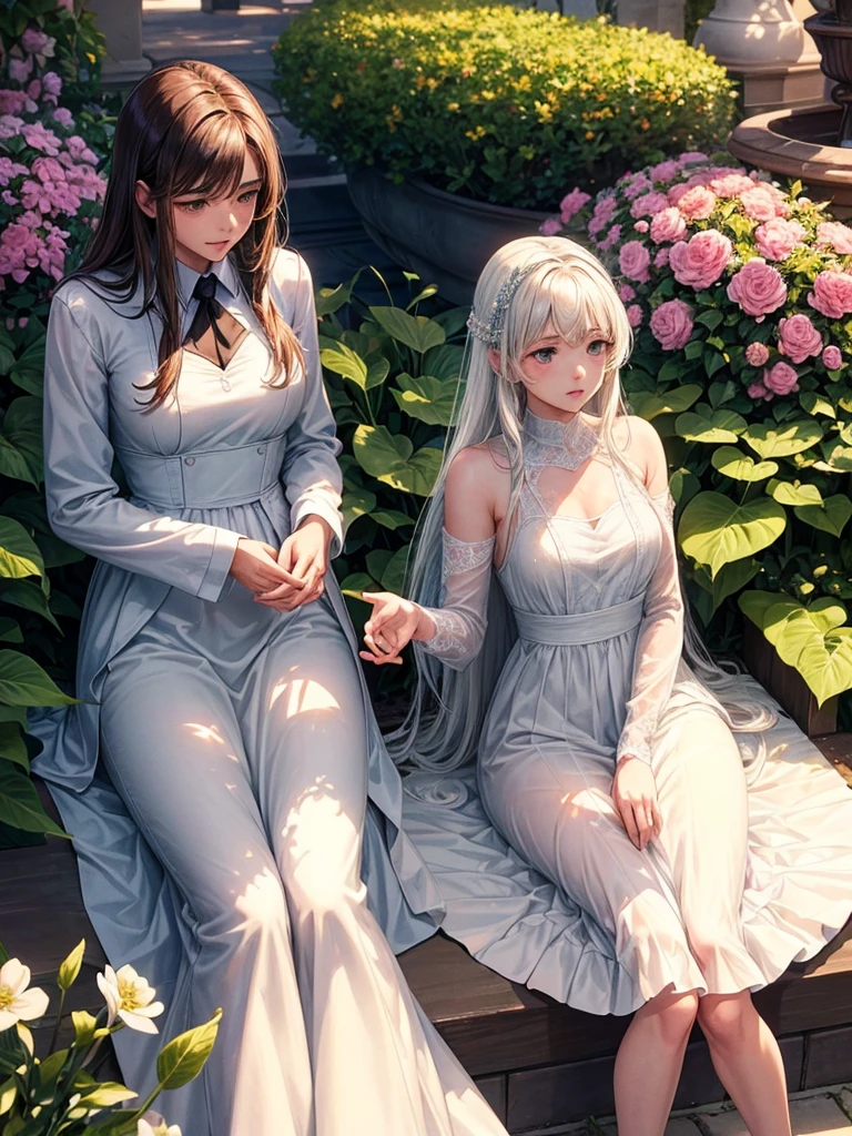 

In the heart of the school courtyard, surrounded by vibrant blossoms and the soothing trickle of a nearby fountain, Lea and Sophia find themselves momentarily secluded from the bustling school day. The midday sun casts a warm glow over the scene, dappling the ground with patches of light and shadow.

Lea Kensington, tall and impeccably dressed in the school's uniform, stands with an air of quiet confidence softened by the presence of Sophia Bennett. His dark, tousled hair catches the sunlight as he looks down at Sophia with a rare gentleness in his usually intense gaze.

Sophia,  and radiant, embodies kindness and grace. Her eyes, bright with warmth, meet Lea's as she delicately adjusts his tie with a tender touch. The fabric beneath her fingers feels cool against her skin, a contrast to the warmth that radiates between them.

Lea's hand finds hers naturally, a silent acknowledgment of the unspoken connection that has been growing between them. His touch is surprisingly gentle, a testament to the vulnerability he allows himself to show in Sophia's presence.

As they stand together in this tranquil oasis within the school's bustling corridors, time seems to slow down for them. The soft murmur of the fountain provides a soothing backdrop to their shared moment, amplifying the intimacy of their unspoken conversation.

In this simple act of adjusting his tie, Sophia conveys more than words could express: understanding, acceptance, and an invitation for Lea to let down his guard in her presence. Lea, in
