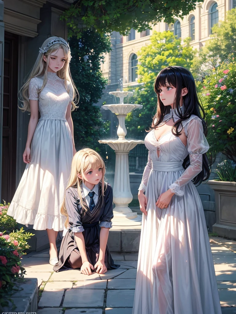 In the heart of the school courtyard, surrounded by vibrant blossoms and the soothing trickle of a nearby fountain, Lea and Sophia find themselves momentarily secluded from the bustling school day. The midday sun casts a warm glow over the scene, dappling the ground with patches of light and shadow.
Lea Kensington, tall and impeccably dressed in the school's uniform, stands with an air of quiet confidence softened by the presence of Sophia Bennett. His dark, tousled hair catches the sunlight as he looks down at Sophia with a rare gentleness in his usually intense gaze.
Sophia, and radiant, embodies kindness and grace. Her eyes, bright with warmth, meet Lea's as she delicately adjusts his tie with a tender touch. The fabric beneath her fingers feels cool against her skin, a contrast to the warmth that radiates between them.
Lea's hand finds hers naturally, a silent acknowledgment of the unspoken connection that has been growing between them. His touch is surprisingly gentle, a testament to the vulnerability he allows himself to show in Sophia's presence.
As they stand together in this tranquil oasis within the school's bustling corridors, time seems to slow down for them. The soft murmur of the fountain provides a soothing backdrop to their shared moment, amplifying the intimacy of their unspoken conversation.
In this simple act of adjusting his tie, Sophia conveys more than words could express: understanding, acceptance, and an invitation for Lea to let down his guard in her presence. Lea, in