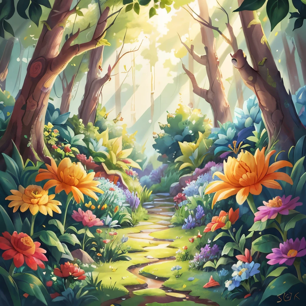Flower Garden, clearing in a forest, aquarelle, landscape, Perfect quality, (Masterpiece: 1.2) (Bokeh background) (Best quality) (Detailed skin: 1.3) (Intricate details) (8K) (Sharp focus), (cheerfulness), BEST lighting