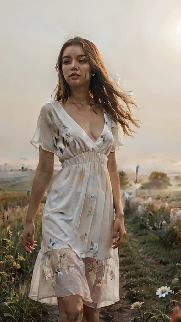 A gorgeous woman, in a field, white floral dress, mist and fog, golden hour