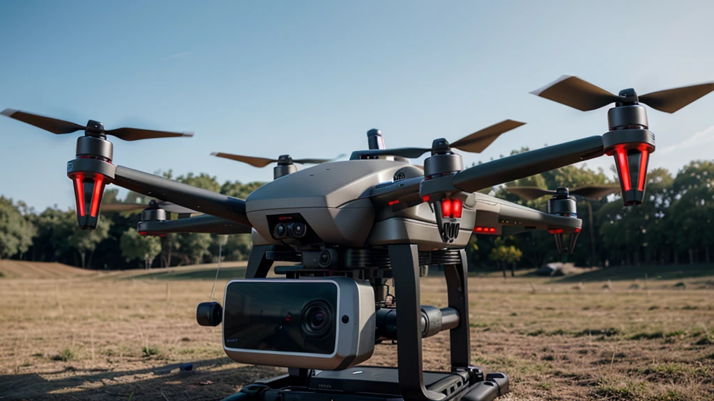 Realistic drone controlled by a person. The drone is in the foreground.