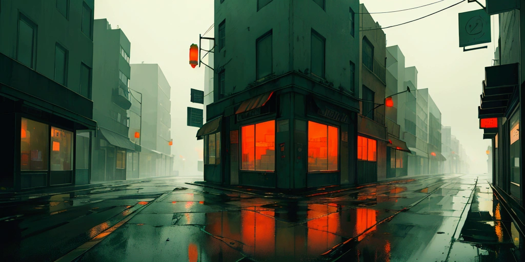 an abstract painting of a desolate city street corner with flickering streetlights and empty storefronts, thick fog, wet street reflections, muted dark green, oranges and red, foreboding mood, midnight