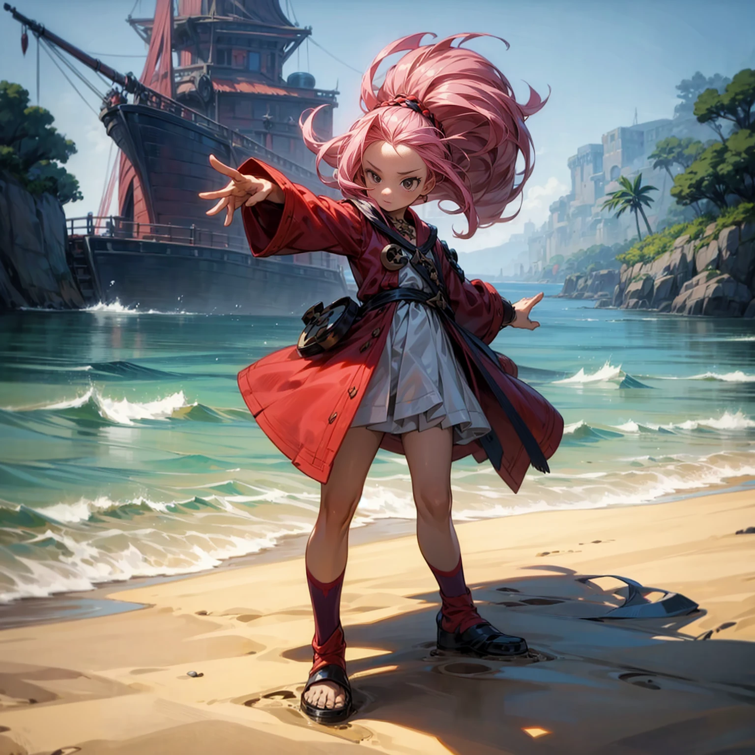 1childern girl, Full body version, 1character, ren version, black eyes, long Curly haircut, pink colour hair, ancient pirate style clothing, red colour clothing, Grassroots, background in beach, motion blur, (pokemon style art), standing gesture,