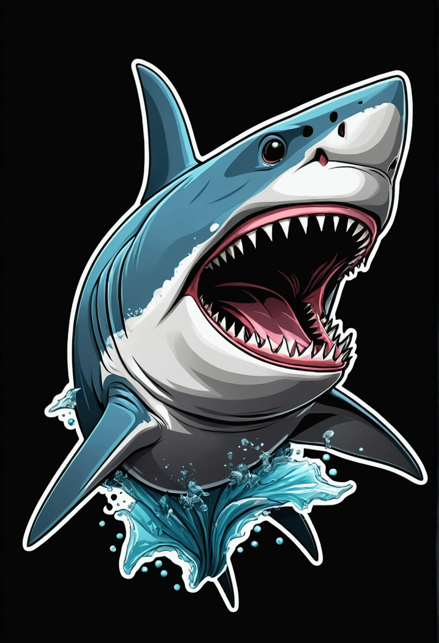 /Imagine, tell me: Shark illustration for sticker on black background, bold outline, jagged edges, garbage, light shading --v 5.2
