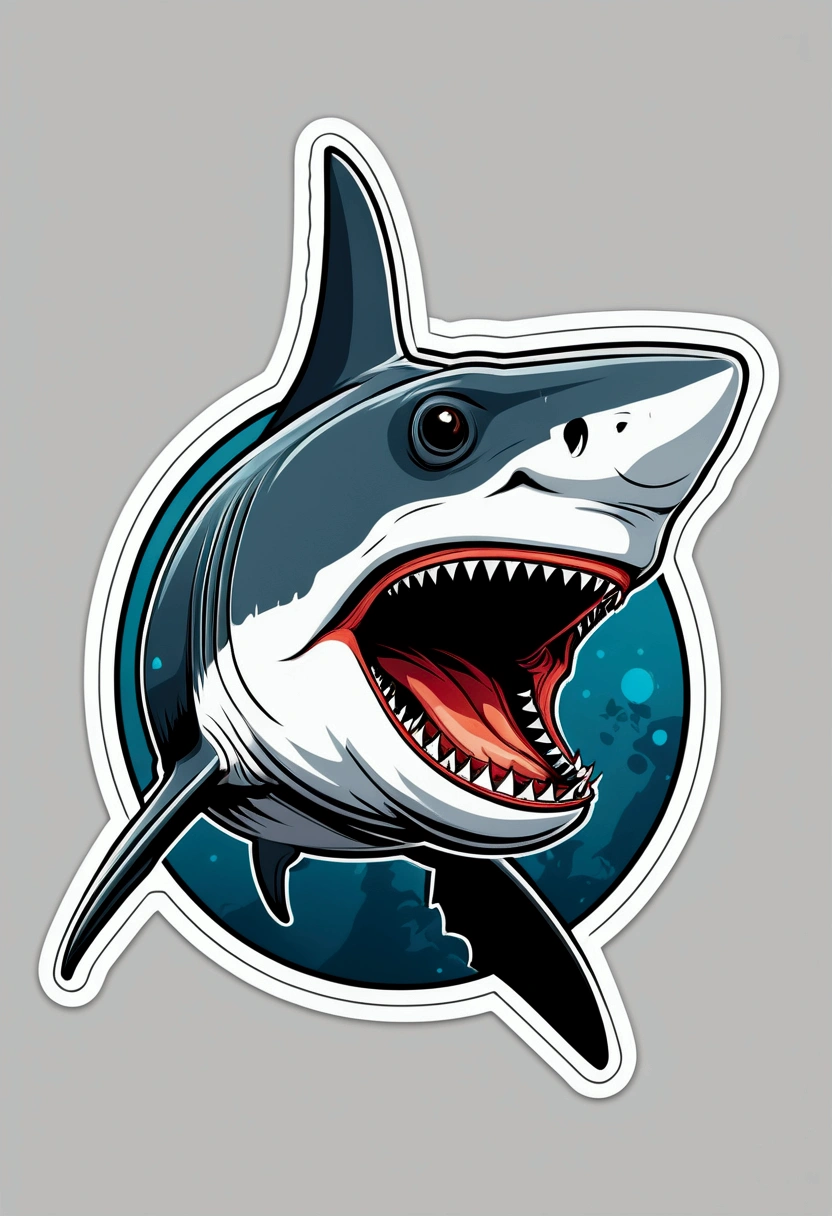 /Imagine, tell me: Shark illustration for sticker on black background, bold outline, jagged edges, garbage, light shading --v 5.2