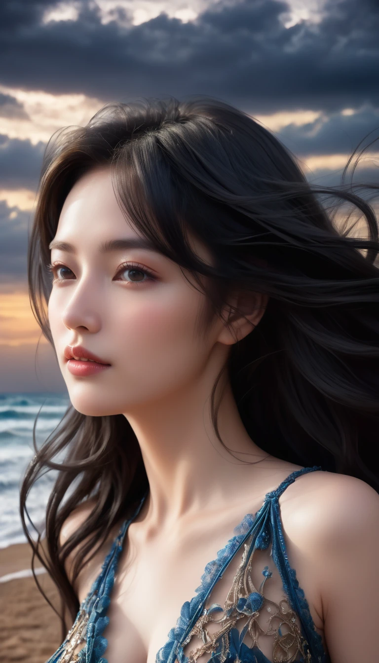 ((Masterpieces with up to 16K resolution:1.6)),Highest quality,it is really amazing,Very detailed,Ultra-high resolution,((Real:1.5)),((Realistic:1.5)),Increased depth of field,((Cinematic Light Effects:1.5)),
Elegant mature woman,((Focus on a woman's face:1.5)),
Long black hair,((Ultra-detailed and beautiful faces:1.5)),Translucent white skin,Very detailedな肌の質感,Great proportions,Anatomically correct body,
elegant beach dress,Artistic design,Beautiful and detailed pattern,Luxurious jewellery decoration,Detailed fabric texture,
Coastal landscape at dusk,Dark clouds and dark sky,delay々Continuing sandy beach, Deserted Beach,Dark sea surface,
(((Close-up shot of face:1.8))),