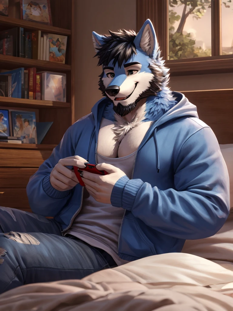 ((best quality)), ((masterpiece)), (Ultra detailed), ((4k)) , Solo , Anthro Wolf , Light Blue Fur , Black Short Hair , Short Beard , Handsone , Middle Ages , Big Pecs chest , Playing Game , Headphone , Bedroom , Sit In Bed , Sweatshirt , Jean pants , Happy