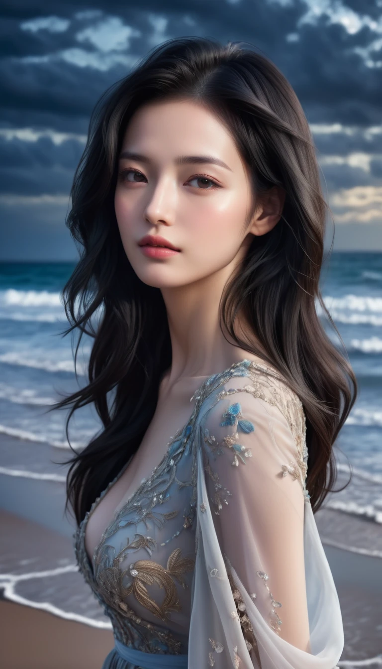 ((Masterpieces with up to 16K resolution:1.6)),Highest quality,it is really amazing,Very detailed,Ultra-high resolution,((Real:1.5)),((Realistic:1.5)),Increased depth of field,((Cinematic Light Effects:1.5)),
Elegant mature woman,((Focus on a woman's face:1.5)),
Long black hair,((Ultra-detailed and beautiful faces:1.5)),Translucent white skin,Very detailedな肌の質感,Great proportions,Anatomically correct body,
elegant beach dress,Artistic design,Beautiful and detailed pattern,Luxurious jewellery decoration,Detailed fabric texture,
Coastal landscape at dusk,Dark clouds and dark sky,delay々Continuing sandy beach, Deserted Beach,Dark sea surface,
(((Close-up shot of face:1.8))),