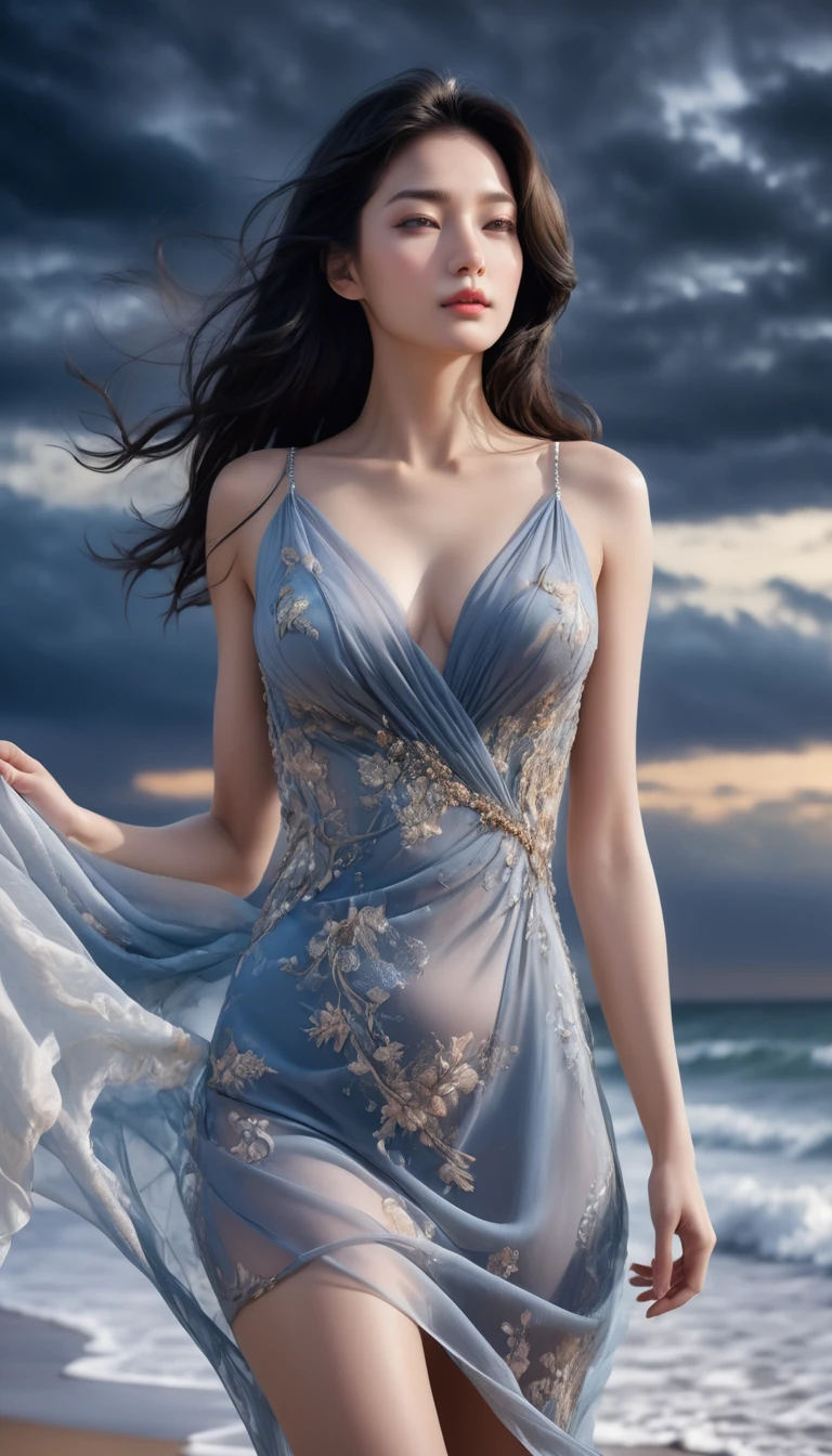 ((Masterpieces with up to 16K resolution:1.6)),Highest quality,it is really amazing,Very detailed,Ultra-high resolution,((Real:1.5)),((Realistic:1.5)),Increased depth of field,((Cinematic Light Effects:1.5)),
Elegant mature woman,((Focus on a woman's face:1.5)),
Long black hair,((Ultra-detailed and beautiful faces:1.5)),Translucent white skin,Very detailedな肌の質感,Great proportions,Anatomically correct body,
elegant beach dress,Artistic design,Beautiful and detailed pattern,Luxurious jewellery decoration,Detailed fabric texture,
Coastal landscape at dusk,Dark clouds and dark sky,delay々Continuing sandy beach, Deserted Beach,Dark sea surface,
(((Close-up shot of face:1.8))),