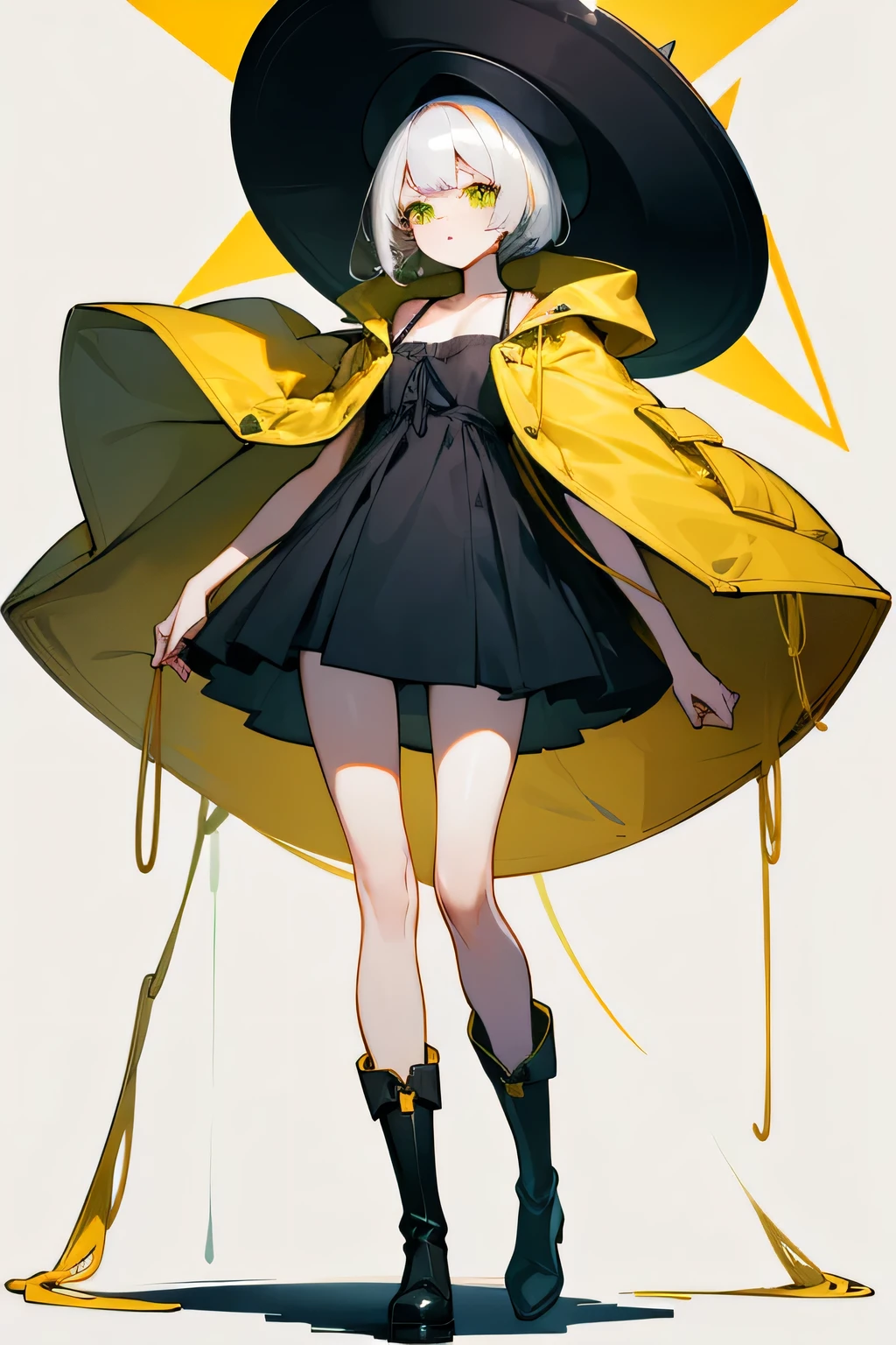 white, green eyes, straight, black Chanel hair with thin white streaks, a yellow tube dress with spaghetti straps, a large dark blue coat with a cap, short knee-high leggings and large, tall black and yellow boots