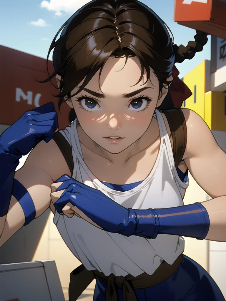 20-year-old woman, alone, athletic, brown hair tied in a braid, wears a red bandana on her forehead, wears blue fingerless gloves, wears blue gloves, high resolution, perfect image, very detailed, high contrast, colors digital, simple, medium shot, cinematic, ultra sharp focus, Award-winning photography, perfect contrast, high sharpness, depth of field, ultra detailed photography. global illumination, fluid, ultra high definition, 8k, Unreal Engine 5, ultra sharp focus, award-winning photography, Art Season Trends,
