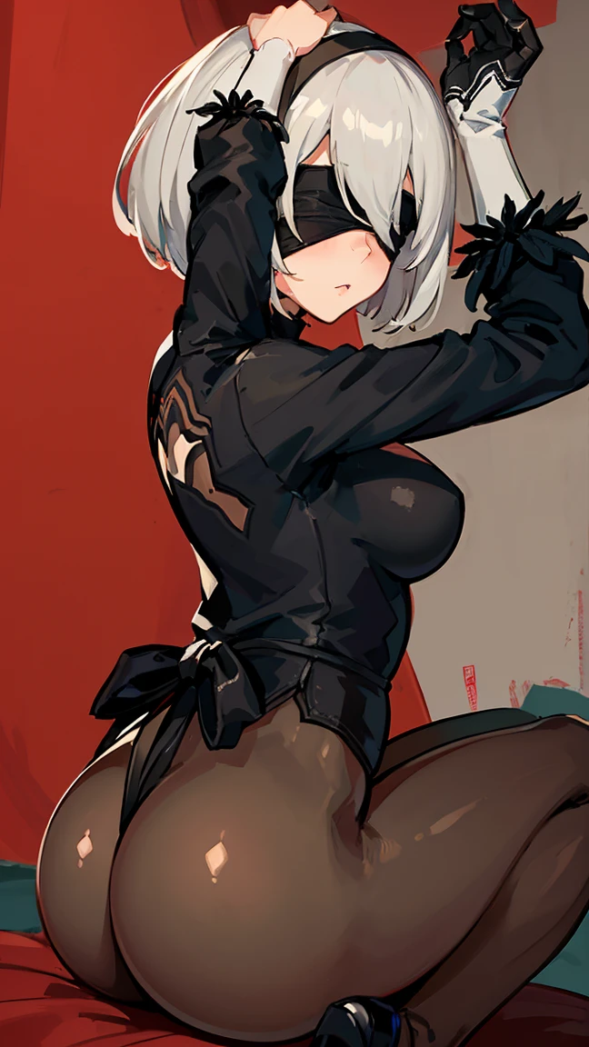 (Highest quality, 8K, masterpiece :1.3),2b,nier:Automata,Big Ass, One woman,,30 years old,Mom,Gray Hair,nsfw,Alluring expression,Sexy pose,Blindfold,Voluptuous body
