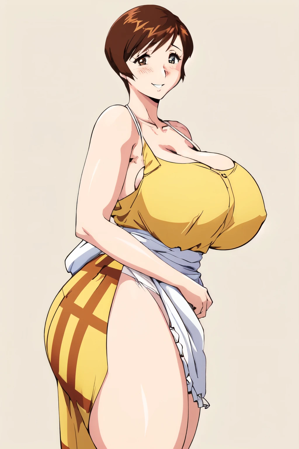 masterpiece, highest quality, High resolution, One girl, solo, sexual intercourse, Pornographic images, short hair, etsukoto, brown Eyes, fine grain, fine grain, (((Thick thighs, Plump thighs, Voluptuous thighs, Thighs alone are enough))), Huge and ample breasts, Cleavage, big long breasts, Naughty big,((big breasts are important))、((Naughty thighs)), L Cup, (thin:1.4),(Tight waist:1.4), (yellow dress:1.4), smile, ((white waist apron)), white panties, (((Simple Background))), ((Wide Hips)), Shiny, Oily skin, Mature mother, Calf, Seductive mature woman, milf, Perfect body, Plus Size Model, curvy, ample, etsukoto, blush, clavicle, retro artstyle, 1990s (style), (thick thighs:1.4), Bare legs, (from side:0.8),