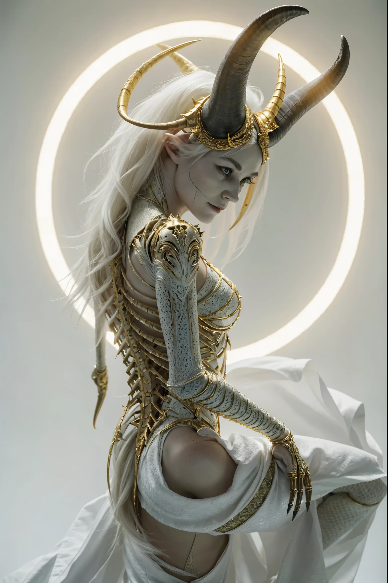 real, real photo, intricate details. A humanoid demon with the body of a woman. black horns, pointy ears. extremely white skin with golden markings. it can be part of the skeleton of your body. The image shows a supernatural being, worthy of a horror movie