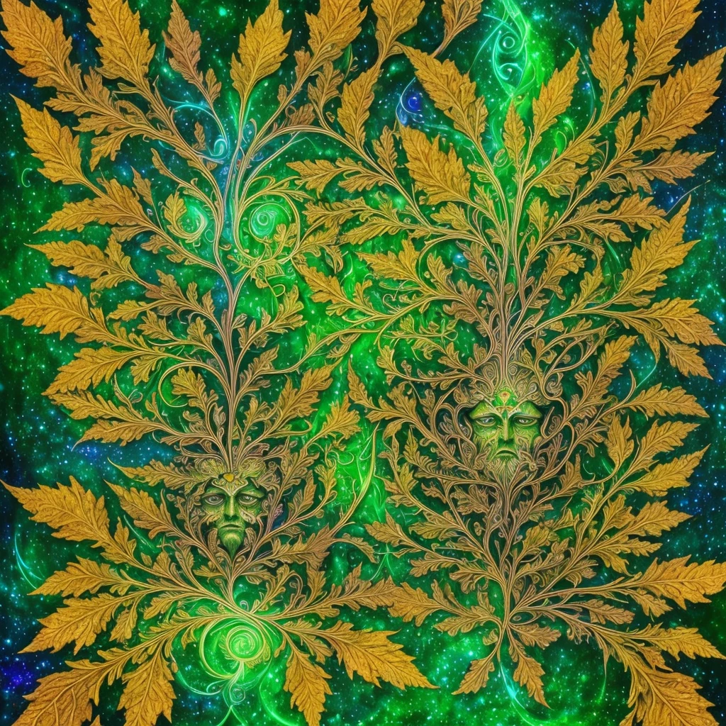 (High resolution, incredibly detailed, masterpiece), a precise symmetric center balanced (single face only) portrait of (one masculine Gaelic Greenman), green (oak leaves) floating, colorful (mystic swirling mists), featuring fractal geometry in (vibrant colors:0.8), set against a (galactic background:1.2), bringing together complex, mesmerizing shapes and patterns, dmt, fractal art, holy light.