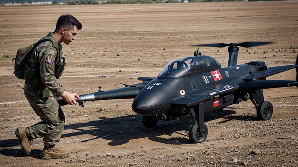 Military drone being controlled by a soldier. 