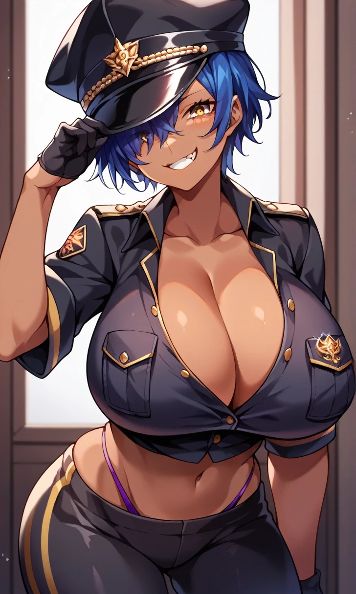 score_9, score_8_up, score_7_up, score_6_up, score_5_up, score_4_up, (source_anime),   1girl, huge breasts, looking at viewer, smile, fang, black clothes, short hair, shirt, midriff, yoga pants, thong, blue hair, gloves, hat, cleavage, hair between eyes, collarbone,  black gloves, yellow eyes, grin, uniform, black shirt, black headwear, peaked cap, pocket, military hat, breast pocket, partially unbuttoned, hat tip, hat over one eye, indoors, military, military base, upper body, purple theme, dark skin,