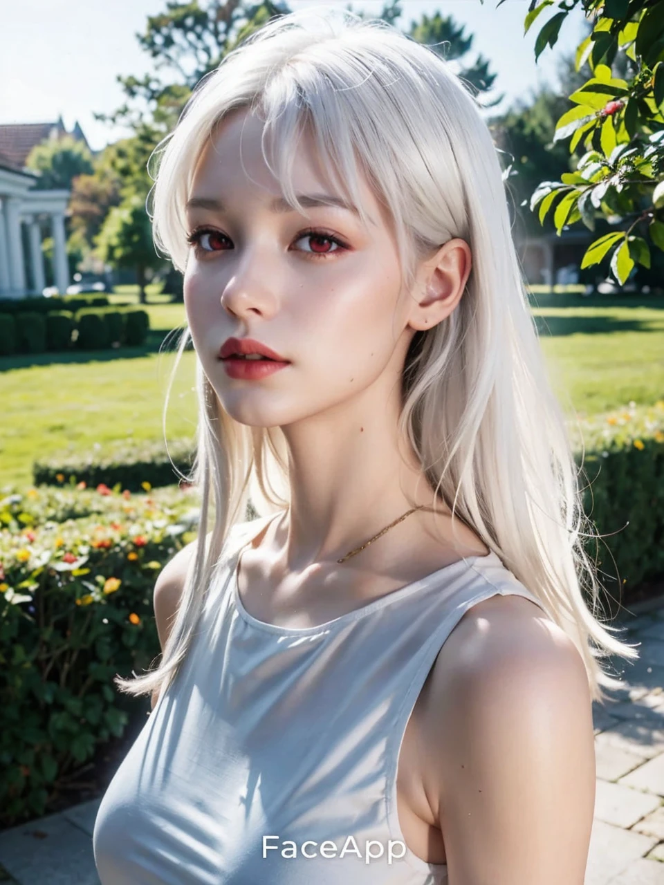 Realistic 3d. Snow white skin. Cherry red color eyes. Wavy white hair.