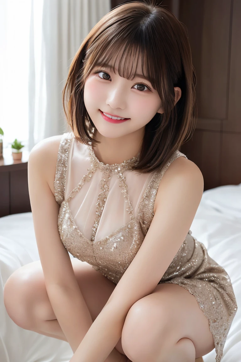 Highest quality、（beautiful）、Super delicate eyes、Brown eyes、22-year-old female、、smile、looking at the camera、Semi-short hair、Gal、fancy mini dresses、Squatting in bed、Shoot from below
