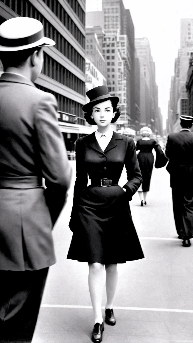 Realistic image of a 1950s girl walking down a New York street towards the viewer. Men pass by her and watch her. Style of the time, black andwhite, film noir, analog, hyperrealisti, Cinematic.