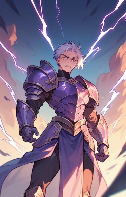 Woman in purple clothing and light metallic armor, Lightning surrounds his body as he runs at such speed that the surroundings are distorted..