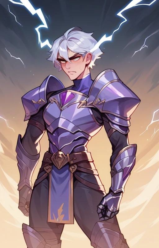 Woman in purple clothing and light metallic armor, Lightning surrounds his body as he runs at such speed that the surroundings are distorted..