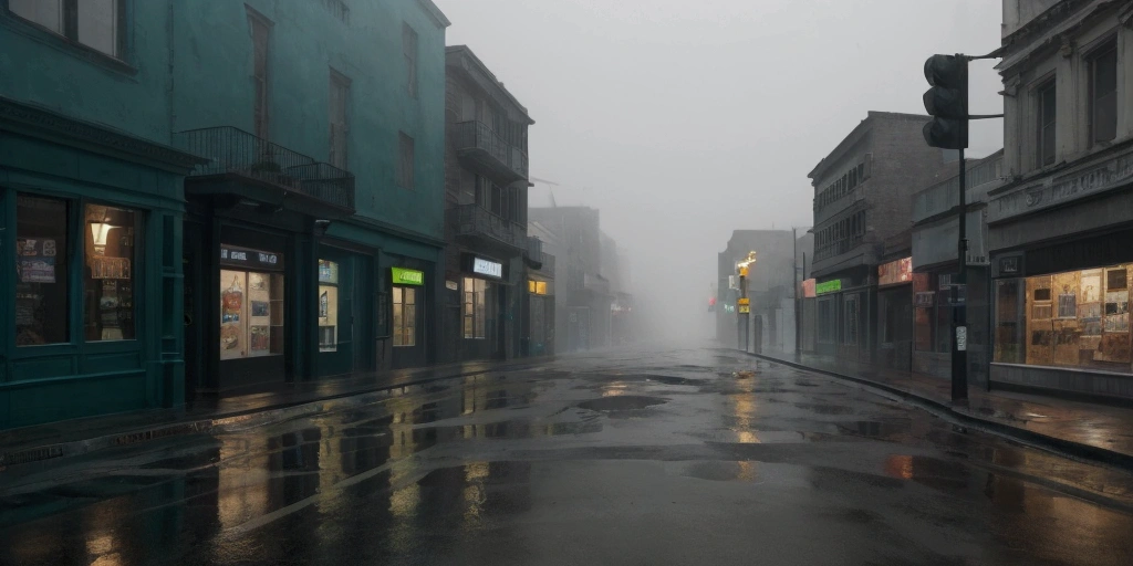 an abstract painting of a desolate city street corner with flickering streetlights and empty storefronts, thick fog, wet street reflections, muted dark green, blueand grey, foreboding mood, midnight