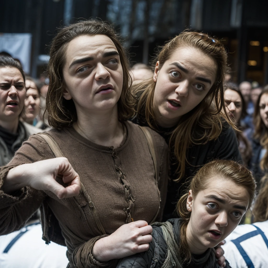 Hyperrealistic close-up photo of Crucified (((mature Maisie Williams))), (((Arya Stark))), Create dystopian masterpieces, scene from the Game of Thrones movie, she is dressed in Game of Thrones style, torn blue top with armor accessories, broken breastplate, on a medieval market square,  beautiful woman, skinny chubby, small breasts, straight brown hair, detailed face, ((fear)), photo taken from a distance, (((restrained and crucified by the crowd:1.2))), (((serious))), (((tears running along her cheeks))), (wood cross), ((big sagging breasts)), ((phat white undies torn and torn up)), ((ample white underpants)), thigh gap, (((dark atmosphere))), ((foggy background)), ((detailed shadows)), ((large muscular thighs)), ((hit and assaulted by angry crowd:1.2)), (((hit in the cheek by a man:1.2))), (((beaten, hit:1.2)))