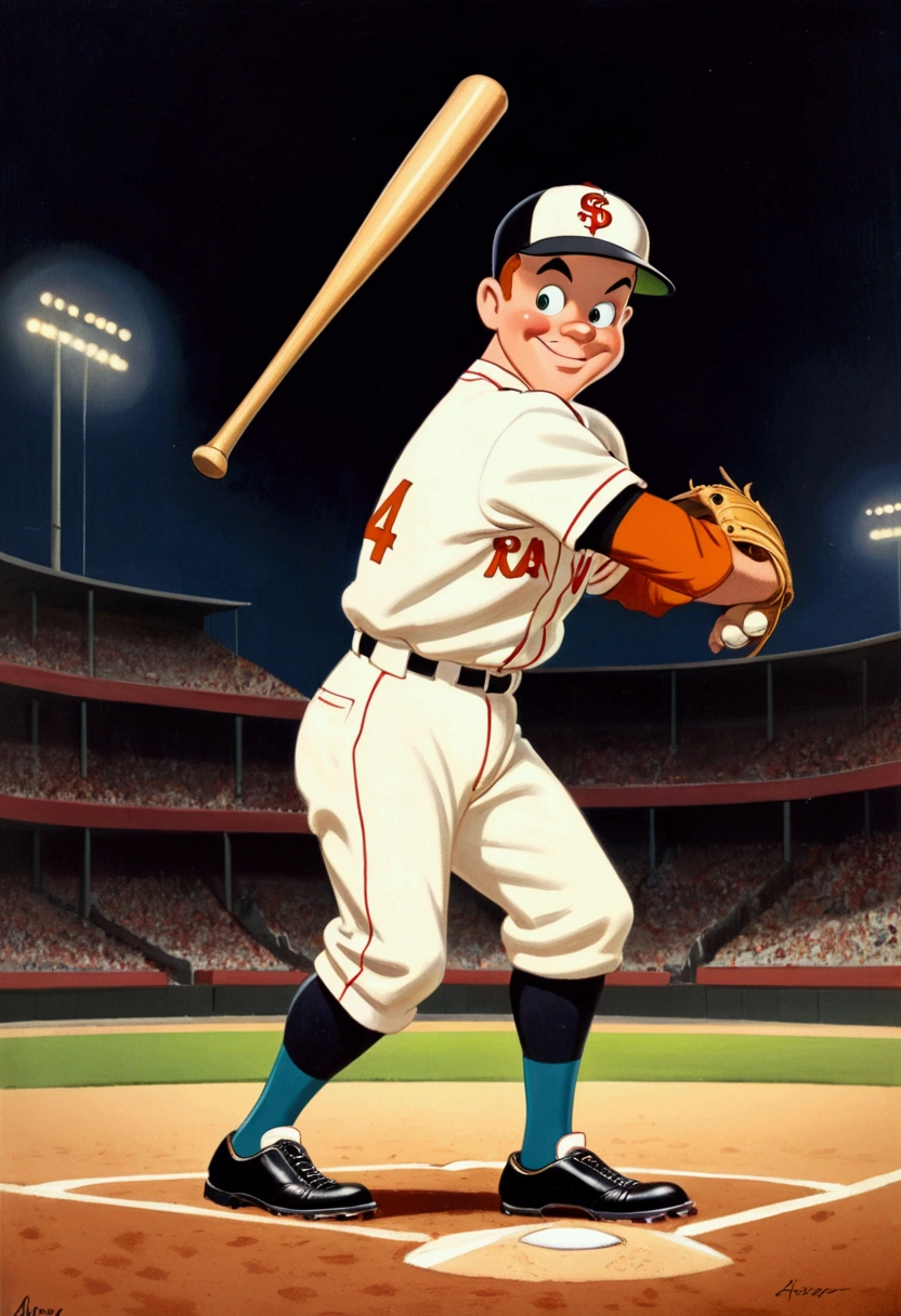Baseball Player, by Tex Avery, full body, cinematic still, cinemascope, (best quality, masterpiece), very aesthetic, perfect composition, intricate details, ultra-detailed, vivid colors