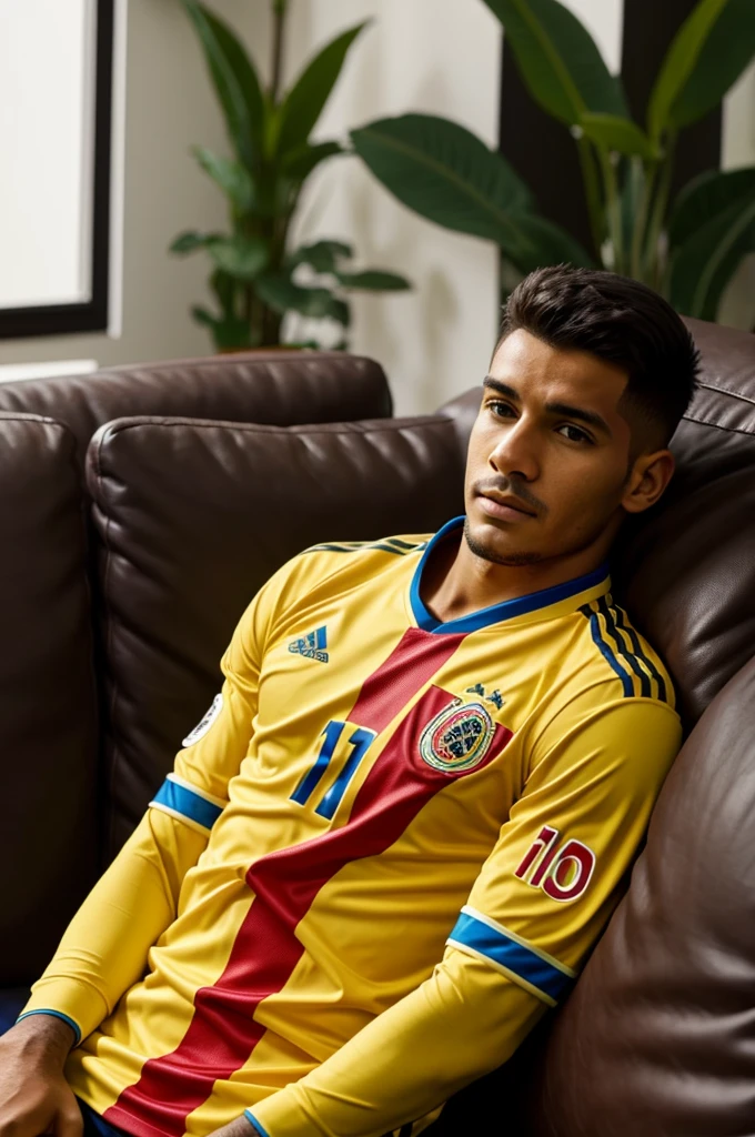 Man on sofa watching TV with the Colombia shirt with the name Fabian number 10