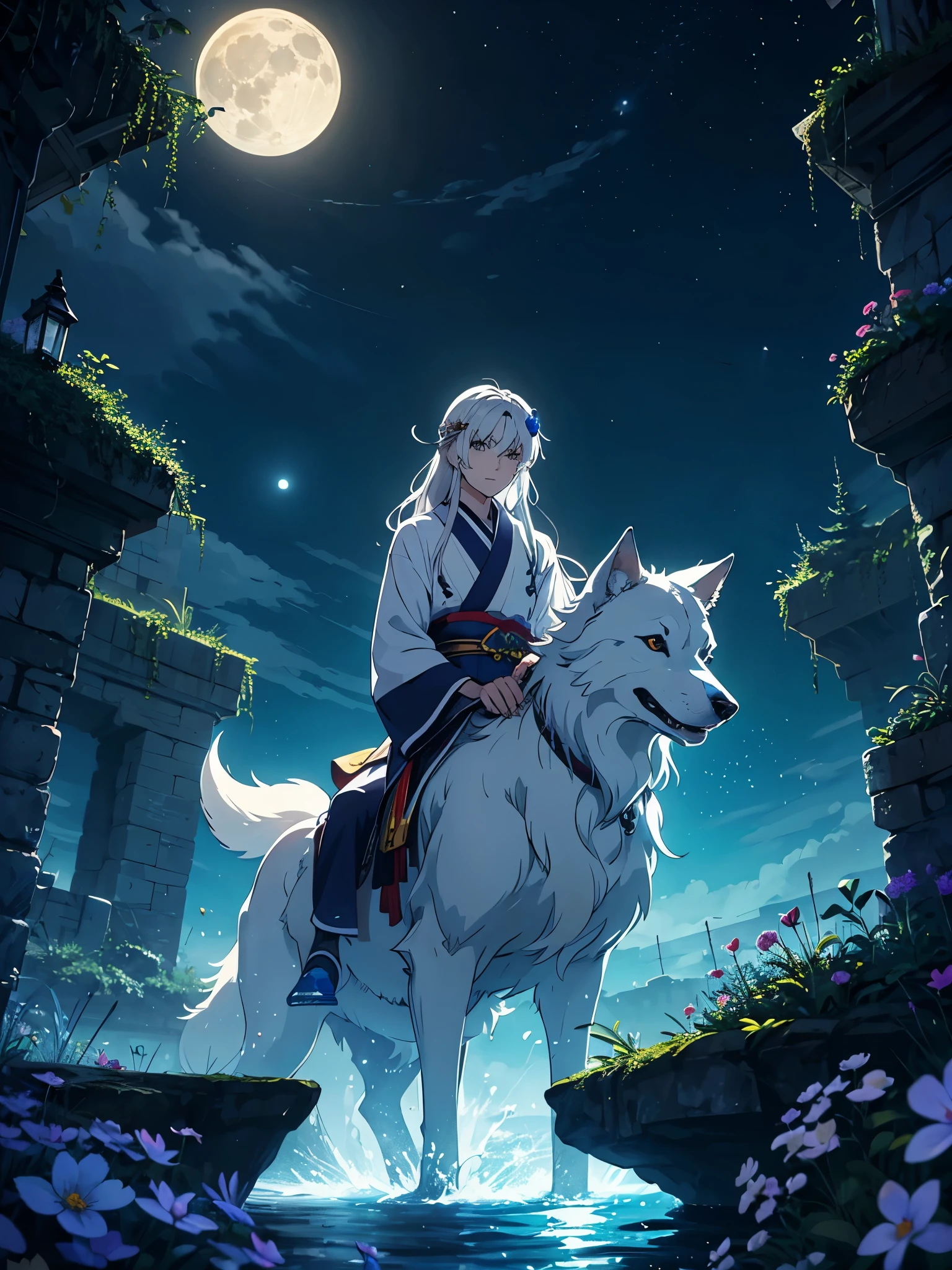 Riding a big wolf. Göttlich. Geweih auf dem Kopf. Kimono. Big Wolf. day lights. More anime. light blue light. Bright bright light. magical. Moon. Sitting on a big white wolf. Lightening flowers. More anime. male. Blue flowers. Long hair. long white hair. aquatic, boy, God of the Moon, silver hair accessories, White hair. 