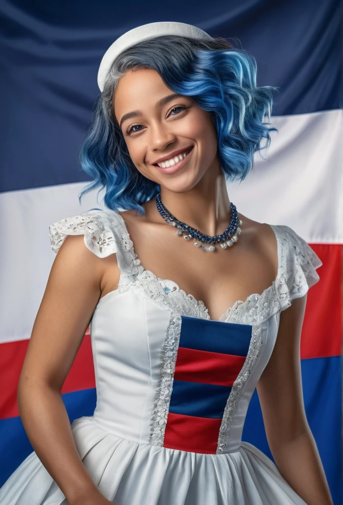 a beautiful smiling biracial woman, blue hair, blue eyes, extremely detailed full body, wearing a french style dress, french flag backdrop, (best quality,4k,8k,highres,masterpiece:1.2),ultra-detailed,(realistic,photorealistic,photo-realistic:1.37),highly detailed portrait, intricate details, dynamic pose, vivid colors, dramatic lighting, cinematic composition
