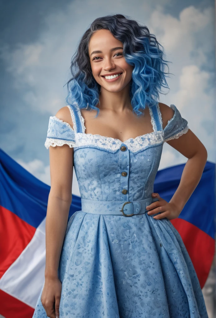 a beautiful smiling biracial woman, blue hair, blue eyes, extremely detailed full body, wearing a french style dress, french flag backdrop, (best quality,4k,8k,highres,masterpiece:1.2),ultra-detailed,(realistic,photorealistic,photo-realistic:1.37),highly detailed portrait, intricate details, dynamic pose, vivid colors, dramatic lighting, cinematic composition