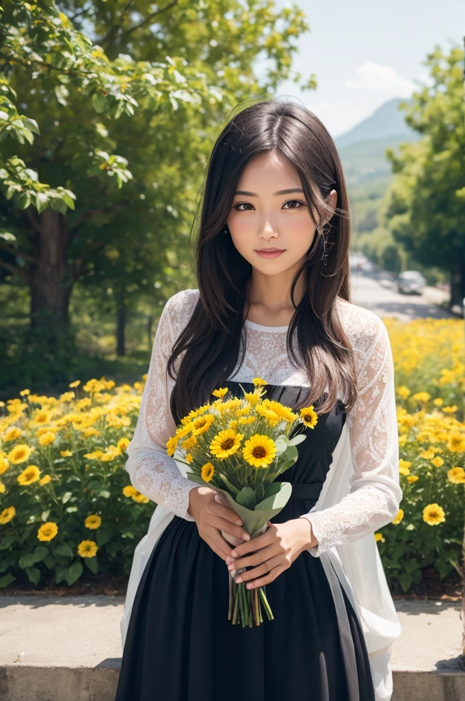 Woman receiving flowers