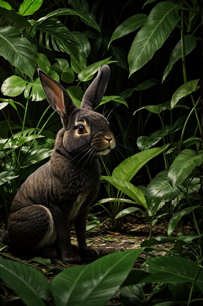 In a mysterious dark jungle, a rabbit munches on leaves, unaware of the large snake with big eyes watching it from the shadows, ready to strike.