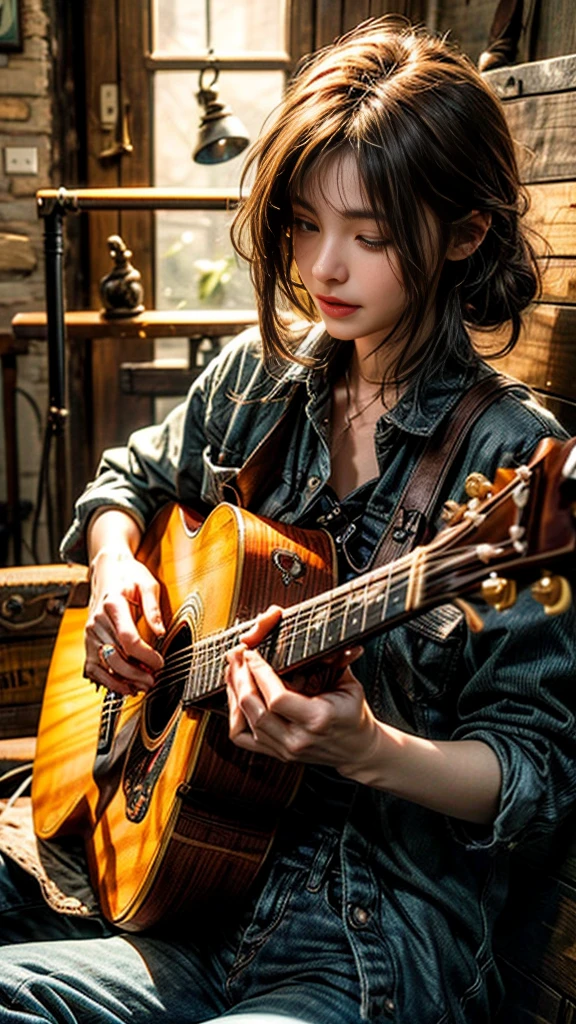 /imagine "Close-up of hands playing an acoustic guitar, fingers picking and strumming the strings, detailed view of the fretboard and strings, finger placement on the frets. A beautifully crafted wooden acoustic guitar, sound hole with intricate rosette design, polished wooden body reflecting light. Warm, natural lighting highlighting the guitar, background slightly blurred to focus on the hands and guitar, a casual intimate setting. A capo attached to the fretboard, guitar picks scattered around, a soft cloth or strap on the guitar. A sense of calm and relaxation, the sound of gentle guitar music, rustic cozy ambiance."