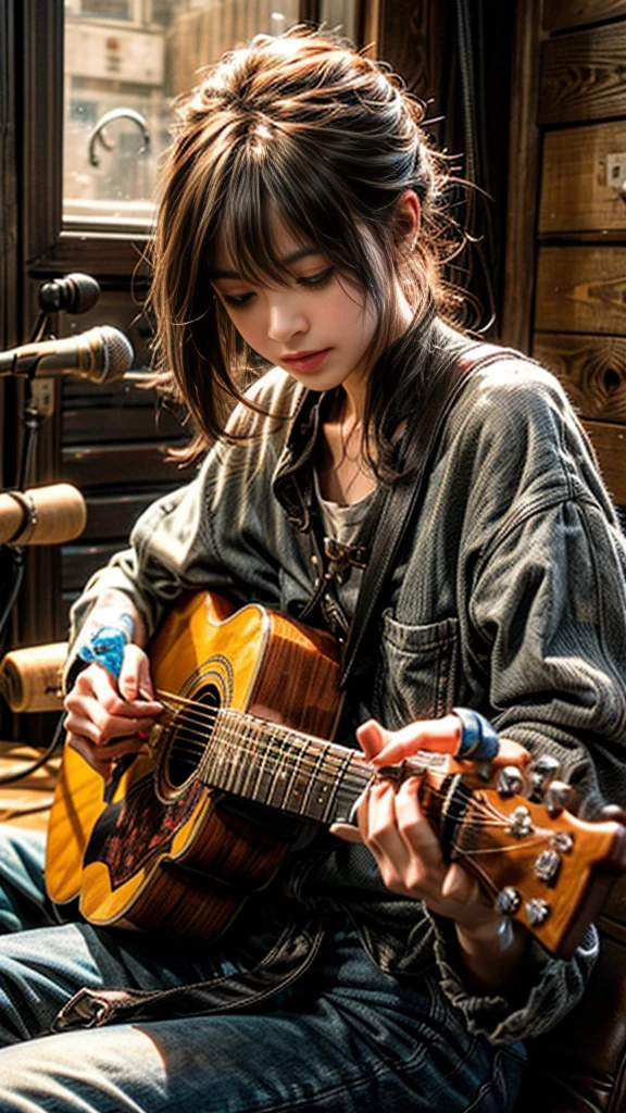 /imagine "Close-up of hands playing an acoustic guitar, fingers picking and strumming the strings, detailed view of the fretboard and strings, finger placement on the frets. A beautifully crafted wooden acoustic guitar, sound hole with intricate rosette design, polished wooden body reflecting light. Warm, natural lighting highlighting the guitar, background slightly blurred to focus on the hands and guitar, a casual intimate setting. A capo attached to the fretboard, guitar picks scattered around, a soft cloth or strap on the guitar. A sense of calm and relaxation, the sound of gentle guitar music, rustic cozy ambiance."