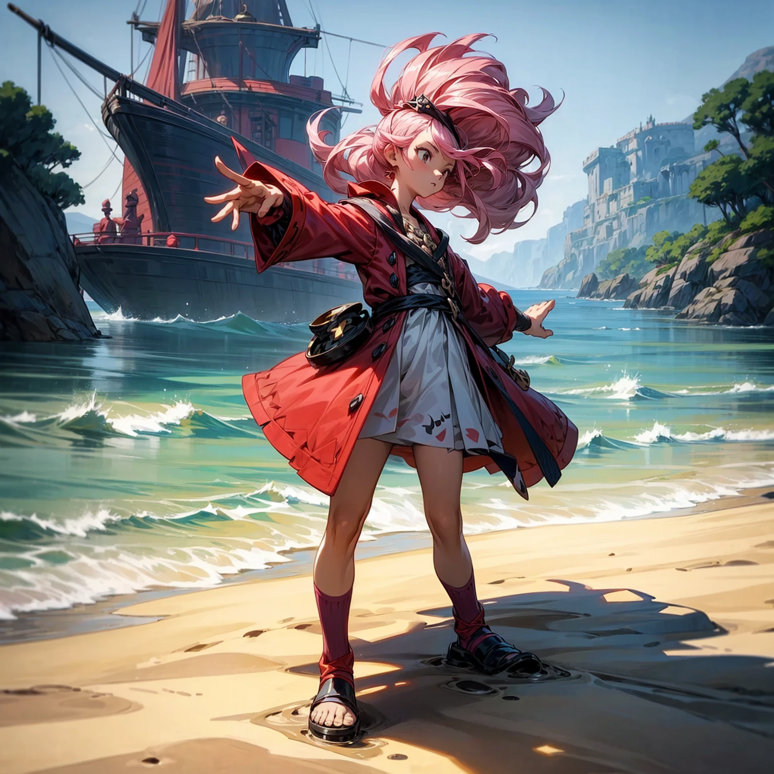 1childern girl, Full body version, 1character, children version, black eyes, long Curly haircut, pink colour hair, ancient pirate style clothing, red colour clothing, Grassroots, background in beach, motion blur, (pokemon style art), standing gesture,