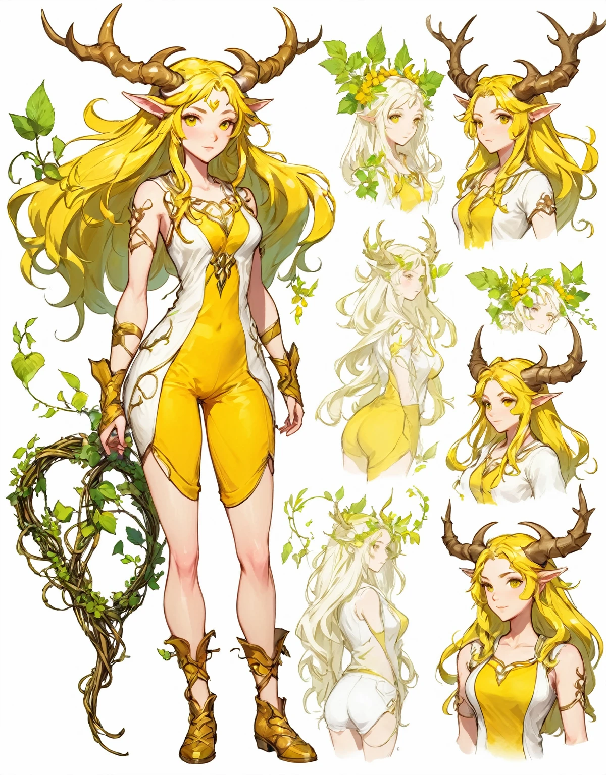 sketch (Character Design Sheet, Same characters, whole body, Three-species, Front, ~ ~ ~ side, Come back),(Very bright:1.1), White background, [1 girl:7], (tilted his head:1.2), ([sketch|watercolor \(Temperate\)]:1.15),whole body, Yellow medieval summer girl, concept, vines on the hand and horns from the vines, full length, whole body, magic hunter, White shorts, SFV