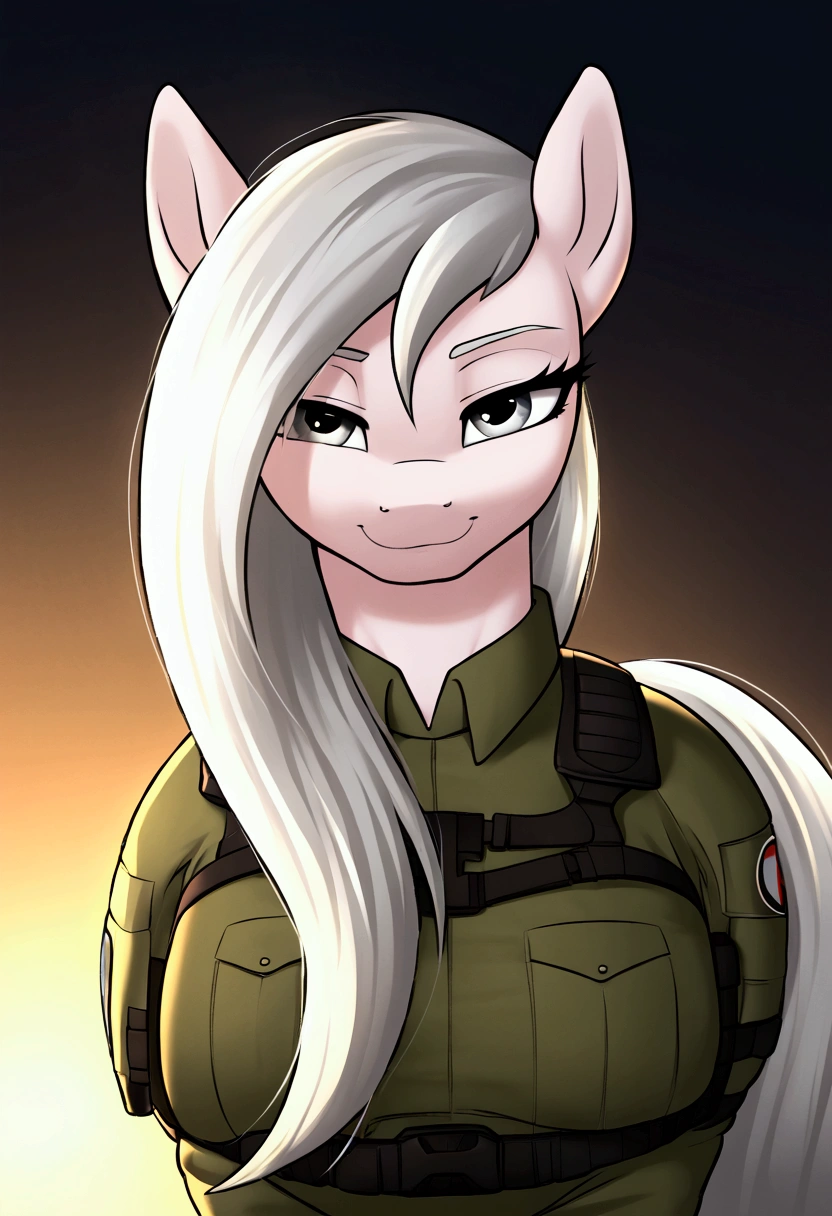 radiant lighting, vibrant colors, whimsical atmosphere, 8K, high resolution, highly detailed, masterpiece, ((my little pony)), (Hair: top black, bottom white), (pale body), (gray eyes) seductive face, woman's tactical gear, standing, big breasts, beautiful body