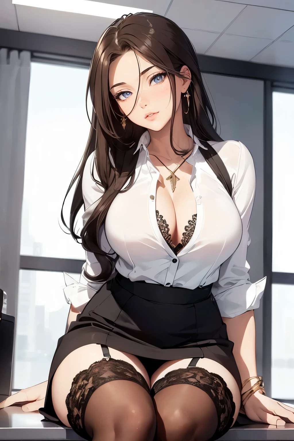 ((1girl, solo)), beautiful body, (perfect anatomy, perfect body, perfect hands, perfect legs), natural proportions, sexy body, large breasts, sitting BREAK
((extremely detailed face)), black eyes, (beautiful detailed eyes:1.6), (realistic pupils, realistic iris:1), expressive eyes, looking at viewer, (clear eyes:1.3), (hyperrealistic:1.2), (detailed skin texture:1.2), smooth skin, brown hair, long hair, (detailed lips:1.2), (attractive lips:1.1), (glossy lips:1.1), smile, perfect face, perfect eyes BREAK
(masterpiece:1.5), anime-style, top quality, best quality, (beautiful and aesthetic:1.2), (ultra detail:1.5), Ultra-detailed depiction, Ultra-precise depiction, extremely detailed 8k illustration, high resolution, (highly detailed shading:1.2), (realistic lighting:1.4), perfect lighting, vibrant colors, dynamic tones, striking hues, 8k, absurd resolution, perfect shadows, hdr, UHD, ambient lighting, realistic, ultra-realistic, photo realistic, highly detailed, rich detail, luminous colors, fine texture, intricate design, professional illustration, (soft light:1.2), (illustration:0.7)