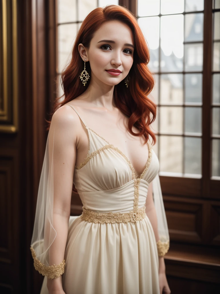Please create a realistic image of a young woman with redhead hair and intense green eyes. She exudes a presence that combines elegance and charisma. Her facial expression is serene, conveying confidence and a gentle welcoming smile. Her hair is loose, with soft waves cascading naturally over her shoulders. She is dressed in a transparent white nightgown, standing with her back to the camera, looking out of a hotel room window with a view of the Eiffel Tower. The background of the image is neutral to highlight her figure. Soft lighting enhances her delicate facial features and intensifies the captivating green eyes.